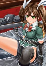 Rule 34 | 10s, 1girl, abazu-red, arm support, asymmetrical legwear, bow, brown hair, dress, elbow gloves, gloves, green eyes, hair between eyes, hair ribbon, highres, kantai collection, leaning back, long hair, machinery, no panties, pelvic curtain, red bow, ribbon, short dress, side slit, single elbow glove, single glove, single thighhigh, sitting, solo, thighhighs, tone (kancolle), tone kai ni (kancolle), turret, twintails, uneven legwear