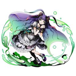 Rule 34 | 10s, 1girl, bug, butterfly, cape, clone (divine gate), divine gate, dress, eyebrows, frilled dress, frills, full body, green eyes, hair ribbon, insect, interlocked fingers, lolita fashion, long hair, looking at viewer, official art, own hands clasped, own hands together, purple footwear, purple hair, red ribbon, ribbon, see-through, shadow, shoes, smile, solo, transparent background, ucmm