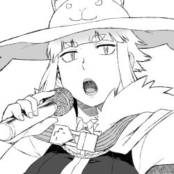 Rule 34 | 10s, 1girl, animal hat, bad id, bad pixiv id, cape, cat hat, eyebrows, greyscale, hat, kuraishi tanpopo, lineart, microphone, monochrome, music, open mouth, singing, slit pupils, solo, thick eyebrows, tsukudani (coke-buta), witch craft works