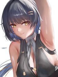 Rule 34 | 1girl, arm up, armpits, bare shoulders, black dress, black hair, breasts, cleavage, colored inner hair, commentary, dress, english commentary, female rover (wuthering waves), hair ornament, hairclip, highres, large breasts, looking at viewer, multicolored hair, nyeppu, paid reward available, rover (wuthering waves), short hair, signature, simple background, smile, solo, strapless, strapless dress, upper body, white background, wuthering waves, yellow eyes