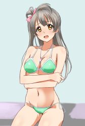 Rule 34 | 10s, 1girl, between breasts, bikini, blush, bow, breasts, brown eyes, cleavage, green bikini, grey hair, hair bow, halterneck, highres, jewelry, long hair, looking at viewer, love live!, love live! school idol project, minami kotori, navel, necklace, open mouth, pendant, side-tie bikini bottom, simple background, sitting, smile, solo, sparkle, strap gap, string bikini, swimsuit, turkey min, yellow eyes