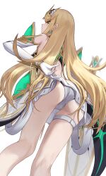 Rule 34 | 1girl, artist request, ass, bare shoulders, blonde hair, blush, detached sleeves, elbow gloves, from behind, from below, gloves, leotard, long hair, looking at viewer, looking back, looking down, miniskirt, mythra (xenoblade), panties, skirt, solo, thighs, underwear, upskirt, very long hair, white panties, xenoblade chronicles (series), xenoblade chronicles 2, yellow eyes