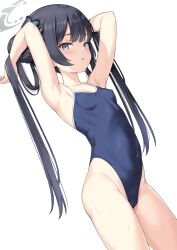 Rule 34 | 1girl, armpits, arms behind head, arms up, bare arms, bare shoulders, black hair, black one-piece swimsuit, blue archive, blue eyes, blue ribbon, blush, breasts, collarbone, competition swimsuit, covered erect nipples, covered navel, cowboy shot, hair between eyes, hair ornament, hair ribbon, highleg, highleg swimsuit, highres, kisaki (blue archive), long hair, looking at viewer, one-piece swimsuit, open mouth, paid reward available, ribbon, school swimsuit, simple background, skin tight, small breasts, solo, standing, swimsuit, thighs, very long hair, wet, white background, yamasan