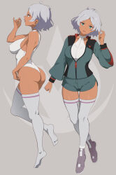 Rule 34 | 1girl, ass, asticassia school uniform, breasts, commentary request, curvy, dark-skinned female, dark skin, fingernails, green eyes, green jacket, green shorts, grey hair, gundam, gundam suisei no majo, hair tuft, halter leotard, halterneck, hand up, highleg, highleg leotard, highres, huge ass, jacket, large breasts, leg up, leotard, long sleeves, looking at viewer, multiple views, nail polish, nanikairu, no shoes, parted lips, partially unzipped, school uniform, secelia dote, shoes, short hair, shorts, skindentation, smile, sneakers, thighhighs, white leotard, white nails, white thighhighs