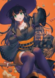 Rule 34 | 1girl, black hair, breasts, candy, detached sleeves, food, gensou suikoden, green eyes, halloween, halloween costume, happy halloween, hat, highres, jack-o&#039;-lantern, jewelry, long hair, looking at viewer, medium breasts, nail polish, necklace, open mouth, pumpkin, sakai (motomei), simple background, solo, thighhighs, viki (suikoden), witch hat