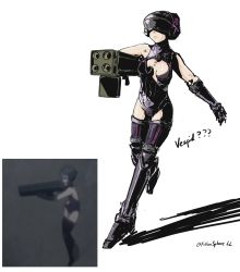 Rule 34 | 1girl, character name, clothing cutout, commentary, cursed m4a1 (meme), english commentary, fallenspherell, girls&#039; frontline, helmet, highres, holding, holding rocket launcher, holding weapon, m202 flash, multiple-barrel firearm, multishot rocket launcher, reference inset, rocket launcher, shadow, shirt, simple background, sketch, sleeveless, sleeveless shirt, solo, twitter username, vespid (girls&#039; frontline), weapon, white background