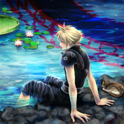 Rule 34 | 1990s (style), 1boy, blonde hair, cat, cloud strife, final fantasy, final fantasy vii, guernica, male focus, sitting, solo, water