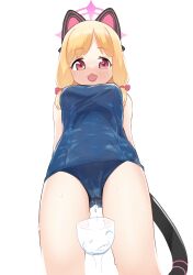 Rule 34 | 1girl, animal ear headphones, animal ears, blonde hair, blue archive, blue one-piece swimsuit, blush, bow, breasts, cat ear headphones, cat tail, commentary request, cup, drinking glass, dripping, fake animal ears, feet out of frame, from below, hair bow, halo, headphones, highres, low-tied sidelocks, medium breasts, medium hair, momoi (blue archive), old school swimsuit, one-piece swimsuit, open mouth, pink bow, pink eyes, pink halo, school swimsuit, simple background, solo, standing, swimsuit, tail, teruisi, white background, wine glass