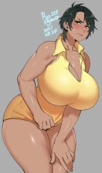 Rule 34 | 1girl, agawa ryou, artist name, asymmetrical bangs, bare shoulders, black hair, blush, breasts, brown eyes, cleavage, clothes pull, collarbone, collared dress, commentary, cowboy shot, dark-skinned female, dark skin, dated, dress, dress pull, embarrassed, english commentary, female focus, grey background, gumiko (agawa ryou), hand on leg, huge breasts, muscular, muscular female, numbered, open mouth, original, parted lips, short hair, sidelocks, simple background, solo, swept bangs, thick thighs, thighs, wing collar, yellow dress