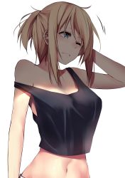 Rule 34 | 1girl, ;(, a:n (angrynum), arm at side, bad id, bad pixiv id, bare arms, bare shoulders, blonde hair, blue eyes, breasts, cleavage, closed mouth, collarbone, crop top, crop top overhang, frown, hair between eyes, highres, large breasts, looking away, messy hair, motion lines, navel, one eye closed, original, scratching head, see-through silhouette, shade, simple background, slit pupils, solo, stomach, strap slip, swept bangs, tank top, upper body, wavy mouth, white background