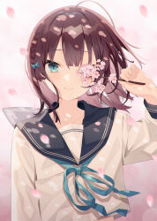 Rule 34 | 1girl, ahoge, black sailor collar, blue bow, blue eyes, blue ribbon, bow, braid, branch, brown hair, cherry blossoms, closed mouth, collarbone, commentary request, flower, gradient background, hair between eyes, hair bow, hand up, highres, holding, holding branch, long sleeves, minasenagi, neck ribbon, original, petals, pink background, pink flower, ribbon, sailor collar, school uniform, serafuku, shirt, smile, solo, upper body, white shirt