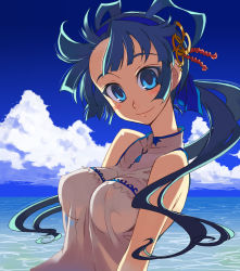 Rule 34 | 1girl, backlighting, blue eyes, blue hair, blush, breasts, china dress, chinese clothes, cloud, covered erect nipples, day, dress, hairband, kusanagi tonbo, long hair, matching hair/eyes, medium breasts, no bra, ocean, original, outdoors, perky breasts, see-through, sky, smile, solo, water, wet, wet clothes