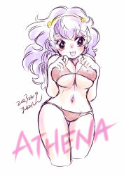 Rule 34 | 1girl, absurdres, athena (series), bikini, bikini pull, black eyes, breasts, cleavage, clothes pull, curvy, highres, large breasts, legs, long hair, looking at viewer, navel, princess athena, purple hair, smile, snk, solo, swimsuit, teasing, thick thighs, thighs, tongue, tongue out, underboob