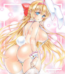 Rule 34 | 1girl, animal ears, artist name, ass, at classics, back, blonde hair, blue eyes, blush, bow, breasts, closed mouth, cowboy shot, detached collar, from behind, hair between eyes, hair bow, large breasts, long hair, looking at viewer, looking back, original, rabbit ears, red bow, sample watermark, sideboob, slingshot swimsuit, smile, solo, swimsuit, thigh gap, thighhighs, traditional media, watermark, white thighhighs, wrist cuffs