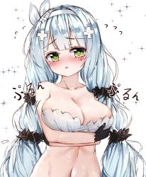 Rule 34 | 1girl, :o, absurdres, bare shoulders, black gloves, black scrunchie, blush, breast hold, breasts, cleavage, collarbone, commentary request, flying sweatdrops, girls&#039; frontline, gloves, green eyes, hair ornament, hair ribbon, hair scrunchie, hairband, highres, hk416 (girls&#039; frontline), hk416 (starry cocoon) (girls&#039; frontline), large breasts, long hair, looking at viewer, low twintails, navel, nose blush, official alternate costume, parted lips, ribbon, scrunchie, silver hair, simple background, solo, sparkle, tandohark, twintails, very long hair, white background, white hairband, white ribbon