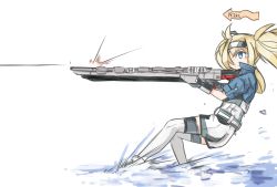 Rule 34 | 1girl, arrow (symbol), blonde hair, blue eyes, commentary request, enjaku izuku, flight deck, full body, gambier bay (kancolle), gloves, hair over one eye, highres, kantai collection, shorts, simple background, solo, standing, standing on liquid, thighhighs, twintails, white background, white thighhighs