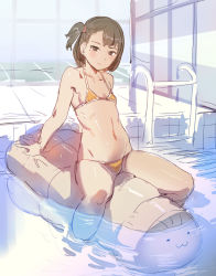 Rule 34 | 1girl, bare arms, bare shoulders, bikini, blush, bow (bhp), brown eyes, brown hair, closed mouth, flat chest, inflatable raft, looking at viewer, mole, mole under eye, navel, one side up, orange bikini, original, pool, pool ladder, short hair, sketch, smile, soaking feet, solo, swimsuit, unfinished, sketch background