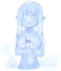 Rule 34 | 1girl, blue skin, colored skin, ice, ice cube, idon, monster girl, original, pointy ears, simple background, slime girl, tagme, water, wavy mouth, white background