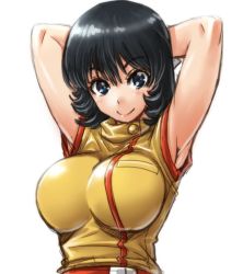 Rule 34 | 1girl, amania orz, armpits, arms behind head, arms up, black hair, blue eyes, breasts, closed mouth, fa yuiry, gundam, large breasts, light blush, looking at viewer, short hair, simple background, smile, solo, uniform, white background, zeta gundam
