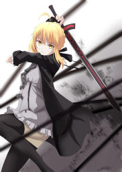 Rule 34 | 1girl, absurdres, ahoge, artoria pendragon (all), artoria pendragon (fate), black thighhighs, blonde hair, excalibur morgan (fate), fate/stay night, fate (series), frown, highres, ice spirit tarot, saber (fate), saber alter, solo, sword, thighhighs, weapon, yellow eyes