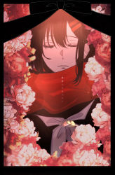 Rule 34 | 1girl, absurdres, additional memory (vocaloid), black border, black hair, black ribbon, black serafuku, blurry, border, closed eyes, depth of field, enpera, flower, frown, hair between eyes, hair ornament, hairpin, highres, iei, kagerou days (vocaloid), kagerou project, light, mekakucity actors, multiple hairpins, na (pixiv37974218), neckerchief, photo (object), picture frame, pink flower, pink rose, portrait, red scarf, ribbon, rose, sad, scarf, school uniform, serafuku, solo, tateyama ayano, thick eyelashes, vocaloid, white neckerchief