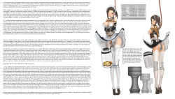 Rule 34 | 1girl, absurdres, areola slip, arms behind back, arrow (symbol), bare shoulders, bdsm, bondage, bound, box tie, breasts, brown hair, clothes lift, coin, detached collar, english text, engrish text, full body, garter belt, garter straps, gloves, hard-translated, high heels, highres, lamb (artist), large breasts, looking at viewer, looking back, maid, maid headdress, money, multiple views, no bra, one eye closed, panties, ranguage, rope, shoes, short hair, simple background, skirt, skirt lift, standing, text focus, thighhighs, third-party edit, translated, typo, underwear, white background, white gloves, white panties, white thighhighs, wooden horse