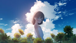 Rule 34 | 1girl, absurdres, bare arms, blue eyes, blue sky, blush, brown hair, closed mouth, cloud, commentary request, cumulonimbus cloud, day, dress, field, flower, flower field, furi0831, highres, looking at viewer, medium hair, original, outdoors, scenery, sky, summer, sundress, sunflower, sunflower field, white dress