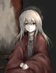 Rule 34 | 1girl, absurdres, ashes of ariandel, black background, black hat, closed mouth, commentary request, dark souls (series), dark souls iii, grey hair, grey shirt, hat, highres, light smile, long hair, long sleeves, looking at viewer, painting woman (dark souls), red eyes, shimoda masaya, shirt, sitting, smile, solo, very long hair, wide sleeves
