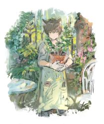 Rule 34 | 1girl, animal ears, apron, brown hair, chair, closed mouth, garden, gloves, green eyes, hair between eyes, holding, holding plant, mikebosi, original, outdoors, plant, potted plant, shirt, short hair, signature, sleeves rolled up, solo, standing, table