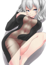Rule 34 | alternate costume, barefoot, blue eyes, breasts, china dress, chinese clothes, commentary, dress, kantai collection, kashima (kancolle), large breasts, looking at viewer, lying, navel, no bra, no panties, on back, see-through, sidelocks, silver hair, simple background, takayama chihiro, thighs, twintails, wavy hair, white background