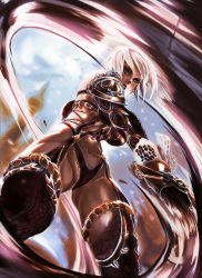 Rule 34 | 1girl, armor, blue eyes, breasts, commentary, english commentary, from below, gauntlets, highres, isabella valentine, judgmentboygold, large breasts, lipstick, looking at viewer, makeup, navel, parted lips, pauldrons, purple lips, revealing clothes, short hair, shoulder armor, single gauntlet, solo, soul calibur, swinging, sword, thighs, weapon, whip, whip sword, white hair