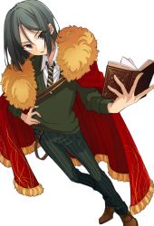 Rule 34 | 1boy, absurdres, bad id, bad pixiv id, black eyes, black hair, black necktie, book, brown eyes, cape, collared shirt, fate/grand order, fate/zero, fate (series), fur trim, highres, holding, holding book, huge filesize, long sleeves, looking at viewer, male focus, necktie, osanai, pants, red cape, shirt, simple background, solo, sweater, waver velvet, white background, white shirt