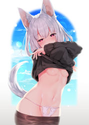 Rule 34 | 1girl, animal ear fluff, animal ears, black sweater, bow, bow panties, breasts, brown pantyhose, clothes lift, clothes pull, commentary request, day, dog ears, dog girl, dog tail, groin, haiba 09, hair between eyes, half-closed eyes, hands up, highres, long sleeves, looking at viewer, navel, original, panties, pantyhose, pantyhose pull, parted lips, red eyes, silver hair, sleeves past wrists, small breasts, solo, sweater, sweater lift, tail, thighhighs, underboob, underwear, undressing, white panties