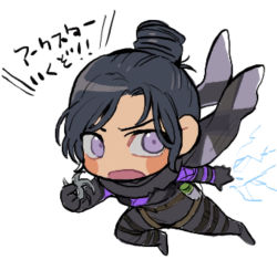 Rule 34 | 1girl, animification, apex legends, black bodysuit, black hair, black scarf, blush, bodysuit, chibi, electricity, floating scarf, hair behind ear, hair bun, highres, holding, holding weapon, husagin, looking to the side, open hand, open mouth, purple eyes, running, scarf, shuriken, single hair bun, solo, surprised, translation request, v-shaped eyebrows, weapon, wraith (apex legends)