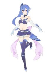 Rule 34 | 1girl, 3four, animal ears, bird tail, blue hair, bra, breasts, cleavage, closed mouth, commission, elbow gloves, feathers, full body, gloves, grey footwear, grey gloves, long hair, looking at viewer, medium breasts, navel, original, pleated skirt, pointy ears, purple bra, purple eyes, purple skirt, purple thighhighs, shoes, side ponytail, simple background, skirt, smile, solo, standing, standing on one leg, tail, thighhighs, underwear, white background