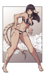 Rule 34 | 1girl, au ra, back, bare arms, bare legs, bare shoulders, barefoot, bikini, black hair, blue eyes, blunt bangs, breasts, cleavage, collarbone, dragon girl, dragon horns, dragon tail, final fantasy, final fantasy xiv, fingernails, full body, groin, hand on own hip, highres, horns, lamb-oic029, leaning to the side, legs apart, long hair, looking at viewer, medium breasts, navel, parted lips, pink lips, scales, sidelocks, silver hair, sketch, solo, square enix, standing, stomach, striped bikini, striped clothes, swimsuit, tail, teeth, toenails, toes