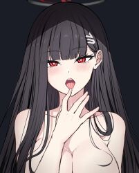 Rule 34 | 1girl, black background, black hair, blue archive, blush, breasts, bright pupils, collarbone, hair ornament, hairclip, halo, highres, huge breasts, licking, licking finger, long hair, looking at viewer, nude, open mouth, red eyes, reia 76, rio (blue archive), simple background, solo, suggestive fluid, tongue, upper body, white pupils