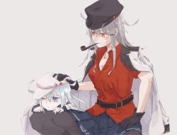 Rule 34 | 10s, 2girls, belt, black gloves, black legwear, blue eyes, breasts, buttons, cleavage, collar, collared shirt, facial scar, gangut (kancolle), gloves, grey hair, hair between eyes, hair ornament, hairclip, hammer and sickle, hand on another&#039;s hat, hat, hibiki (kancolle), jacket, kantai collection, large breasts, long hair, long sleeves, military, military hat, military jacket, military uniform, miniskirt, multiple girls, one eye closed, pantyhose, pen, smoking pipe, pipe in mouth, pleated skirt, red eyes, red shirt, remodel (kantai collection), sakano arai, scar, scar on cheek, scar on face, school uniform, serafuku, shirt, short sleeves, sidelocks, skirt, sleeves past wrists, smile, star (symbol), uniform, verniy (kancolle), wbon