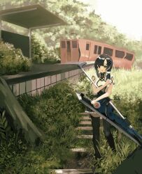 Rule 34 | 1girl, arm cutout, assault lily, black hair, black skirt, black thighhighs, broken, bush, clothing cutout, commentary, day, flower knot, full body, grass, green eyes, hair ornament, hair scrunchie, hand up, holding, holding weapon, looking at viewer, low ponytail, miniskirt, outdoors, parted lips, ragi (kanragi sousaku), ruins, scrunchie, shade, shirt, short sleeves, side ponytail, skirt, solo, standing, thighhighs, train station platform, tree, wang yujia, weapon, white shirt