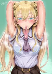 Rule 34 | 10s, 1girl, absurdres, armpit hair, armpits, arms up, ascot, asobi asobase, bad id, bad pixiv id, bare arms, belt, belt buckle, blonde hair, blue eyes, blush, breasts, brown belt, brown skirt, buckle, colored eyelashes, commentary request, condom, cum, cum in mouth, cum on armpit, dated, double bun, green background, hair between eyes, hair bun, heart, heart-shaped pupils, hero neisan, highres, long hair, looking at viewer, medium breasts, mouth hold, naughty face, nose blush, olivia (asobi asobase), pleated skirt, presenting armpit, purple ascot, school uniform, shiny skin, shirt, shirt tucked in, short sleeves, sidelocks, signature, skirt, smell, smile, solo, spicy, stain, stained clothes, steam, steaming body, sweat, sweat stain, symbol-shaped pupils, used condom, very long hair, white shirt