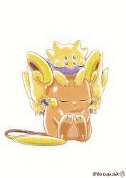 Rule 34 | absurdres, alolan form, alolan raichu, closed eyes, commentary, commentary request, creatures (company), english commentary, full body, galvantula, game freak, gen 5 pokemon, gen 7 pokemon, highres, mixed-language commentary, nintendo, no humans, on head, parted lips, pokemon, pokemon (creature), pokemon on head, signature, simple background, sitting, sleeping, sleeping upright, twitter username, watagashikn, white background
