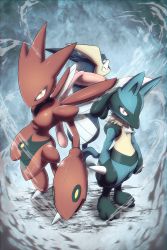 Rule 34 | absurdres, back-to-back, creatures (company), from above, furry, game freak, gen 2 pokemon, gen 4 pokemon, gen 6 pokemon, greninja, highres, insect wings, kicktyan, long tongue, looking at viewer, looking back, lucario, nintendo, perspective, pokemon, pokemon (creature), red eyes, scizor, slit pupils, spikes, standing, tongue, tongue out, wings, yellow eyes