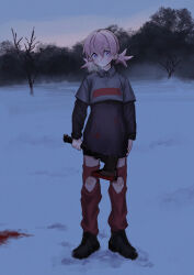Rule 34 | 1girl, absurdres, axe, bare tree, black footwear, blood, blood on clothes, bloody weapon, breath, chaps, ear piercing, full body, highres, holding, holding axe, holding weapon, long sleeves, looking at viewer, original, outdoors, piercing, pink hair, purple eyes, short twintails, snow, solo, standing, toxic ghost, tree, twintails, weapon