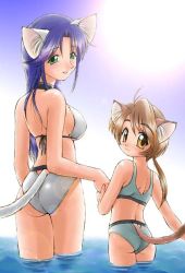 Rule 34 | 2girls, :3, age difference, animal ears, ass, back, bikini, blue hair, brown hair, cat ears, cat tail, child, clothing cutout, day, ebifly, from behind, green eyes, long hair, looking at viewer, looking back, mother and daughter, multiple girls, onee-loli, swimsuit, tail, tail through clothes, wading, water, yellow eyes