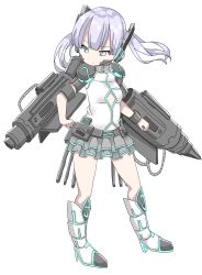 Rule 34 | 1girl, armored boots, boots, closed mouth, commentary request, green eyes, grey skirt, hamada pengin, headgear, high heel boots, high heels, highres, knee boots, layered skirt, mecha musume, miniskirt, original, pleated skirt, purple hair, shirt, siblings, simple background, sisters, skirt, sleeveless, sleeveless shirt, solo, twintails, weapon, white background, white footwear, white shirt