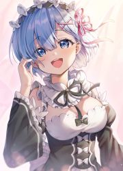 1girl :d black_ribbon blue_eyes blue_hair blush bow breasts chyoling cleavage commentary_request detached_sleeves dress frilled_sleeves frills hair_ornament hair_over_one_eye hair_ribbon hand_up large_breasts long_sleeves looking_at_viewer maid maid_headdress medium_breasts open_mouth pink_ribbon re:zero_kara_hajimeru_isekai_seikatsu rem_(re:zero) ribbon roswaal_mansion_maid_uniform short_hair smile solo teeth upper_body wide_sleeves x_hair_ornament