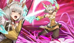 Rule 34 | 1girl, animal ears, armpits, ayamo kaoru, black pantyhose, cat ears, chest jewel, detached sleeves, diamond-shaped pupils, diamond (shape), dress, dual wielding, flat chest, gloves, gold trim, grey hair, highres, holding, nia (xenoblade), open mouth, pantyhose, short hair, solo, symbol-shaped pupils, two-tone dress, white gloves, xenoblade chronicles (series), xenoblade chronicles 3, yellow dress, yellow eyes, yellow sleeves
