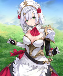 Rule 34 | 1girl, absurdres, apron, armor, armored dress, ascot, belt, black belt, black sleeves, blue sky, braid, braided bangs, breasts, chain, cleavage, closed mouth, cloud, commentary, dress, flower, gauntlets, genshin impact, grass, green eyes, hair between eyes, hat, hat flower, head tilt, highres, large breasts, looking at viewer, maid, maid headdress, mtmosphere, noelle (genshin impact), outdoors, pauldrons, red ascot, red flower, red rose, rose, short hair, shoulder armor, silver hair, sky, smile, solo, upper body, waist apron, white apron, white dress, white hat
