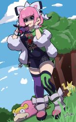 Rule 34 | 1girl, absurdres, bow, bracelet, creatures (company), dutch angle, forest, full body, galarian form, galarian slowpoke, game freak, gen 1 pokemon, gen 8 pokemon, gloves, grass, hair bow, highres, hypno, jacket, jewelry, klara (pokemon), muds (tentacles r us), nature, nintendo, off shoulder, outdoors, pink hair, pink lips, pokemon, pokemon swsh, short hair, shorts, single glove, smile, standing, thighhighs, tree
