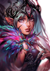 Rule 34 | artist name, earrings, ein lee, eyelashes, facial mark, feathers, green hair, jewelry, lips, lipstick, long hair, looking to the side, makeup, pointy ears, silver hair, solo
